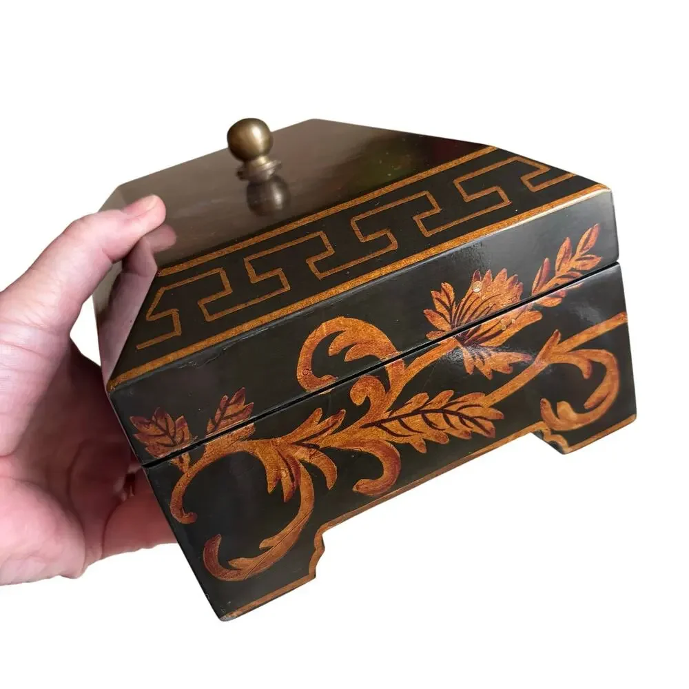 Ornate wooden jewelry box lift ff lid velvet tray black brown gold lacquer